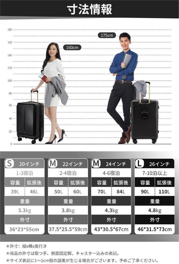 スーツケース 機内持ち込み フロントオープン S 40l-50l 1泊-3泊