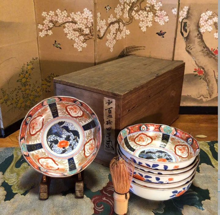 A575 古伊万里　極上赤絵　見込牡丹　窓絵鳳凰　筍干鉢　輪花型　金縁　5客