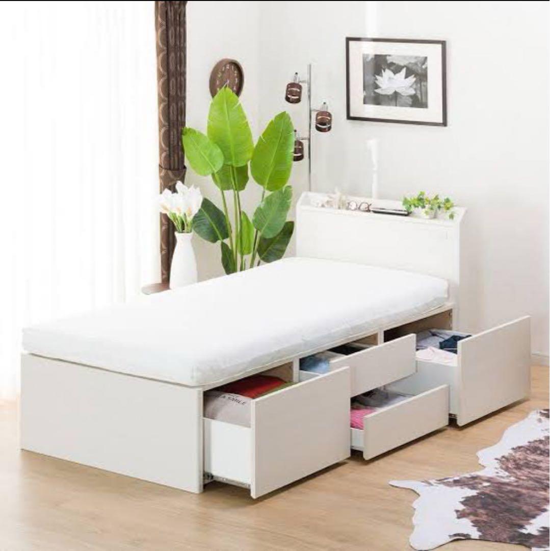 【引き出し 電源タップ付き】ホワイトシングルベッド