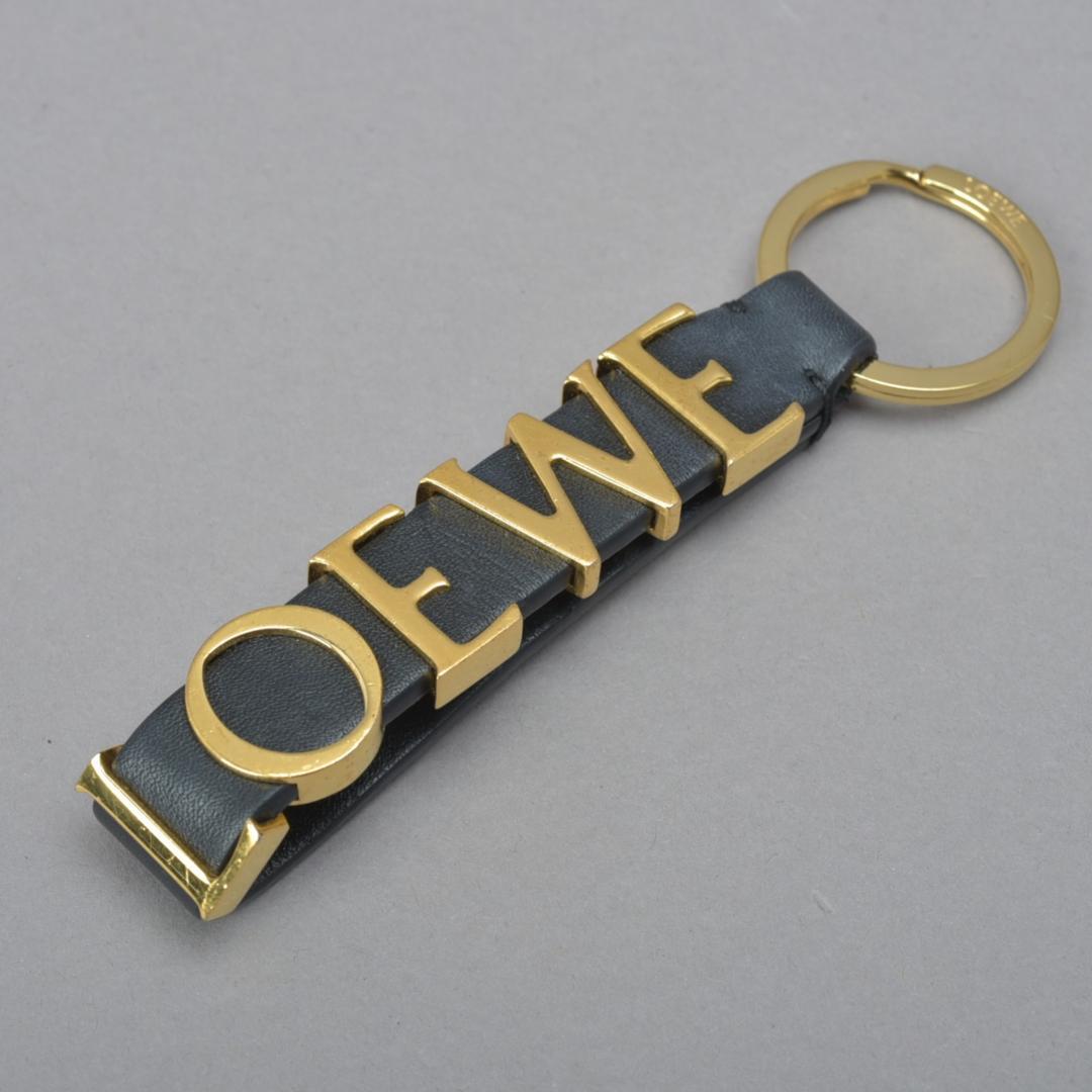 美品 LOEWE ロエベ キーリング ロゴ レザー ブラック ゴールド チャーム