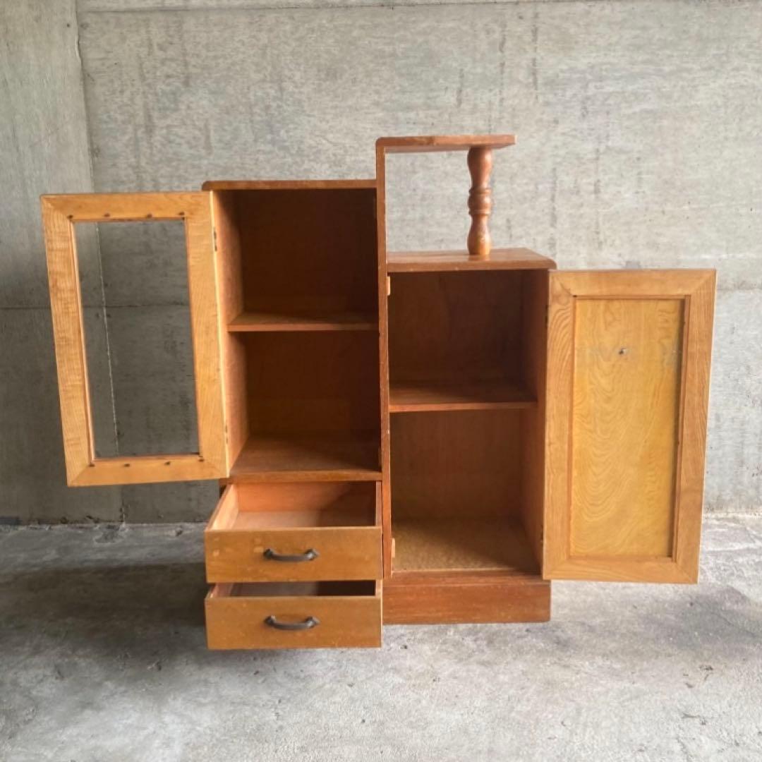 古いキャビネット ラック 飾り棚 違い棚 引き出し 扉 台 収納 木製 レトロ