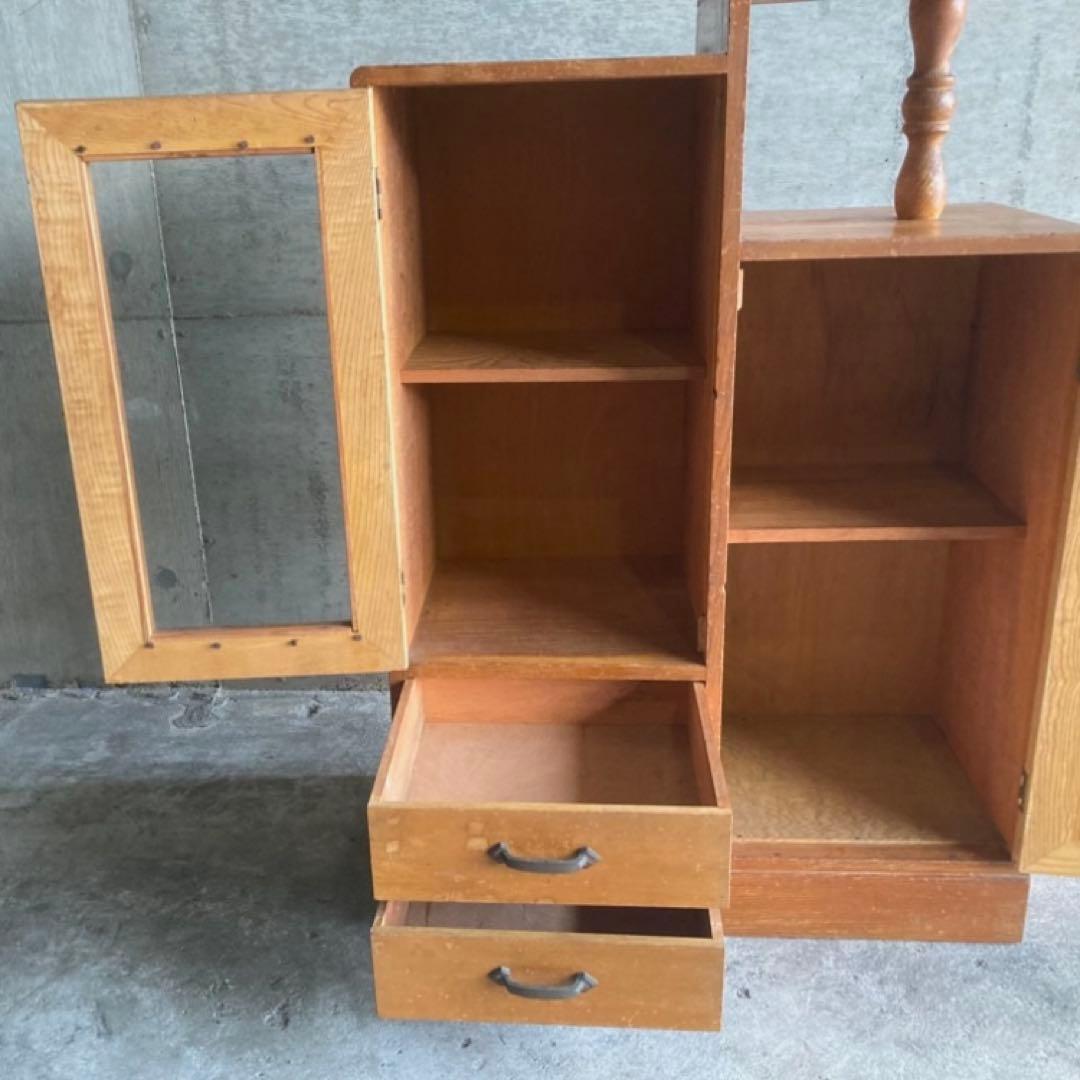 古いキャビネット ラック 飾り棚 違い棚 引き出し 扉 台 収納 木製 レトロ