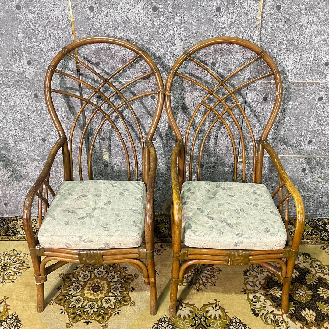 ꧁籐家具꧂コーヒーテーブル&チェア4脚セット ラタン 食卓机 椅子 昭和レトロ