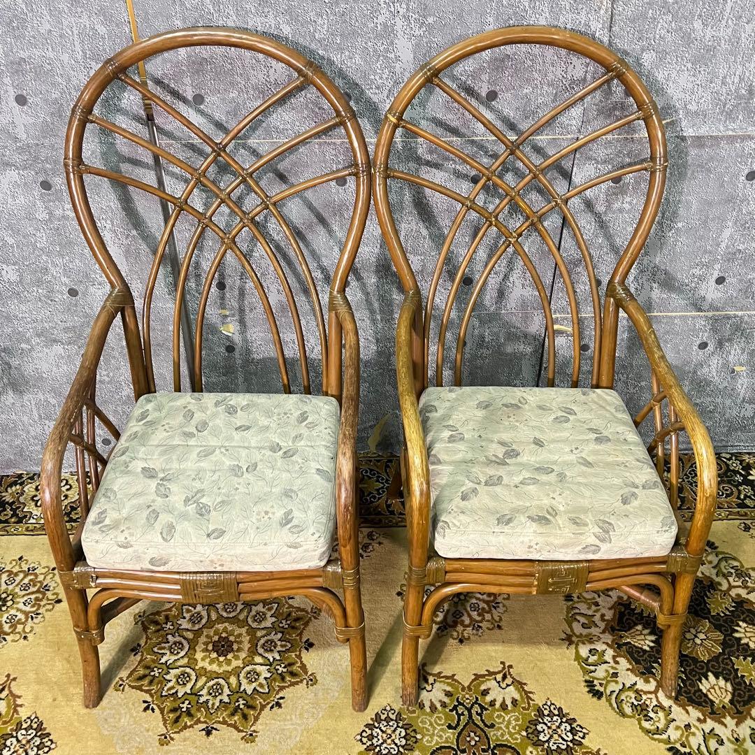 ꧁籐家具꧂コーヒーテーブル&チェア4脚セット ラタン 食卓机 椅子 昭和レトロ