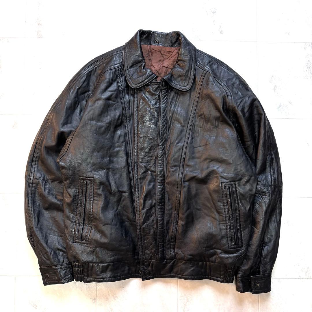 【ユーロビンテージ】レザージャケット 短丈 ブラック 襟付き 黒 ブルゾン