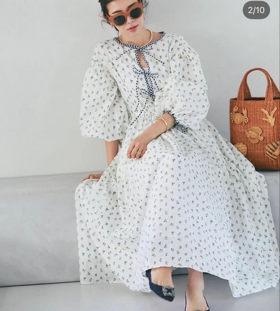 セブンテン　小花ローンギンガムパイピングドレス