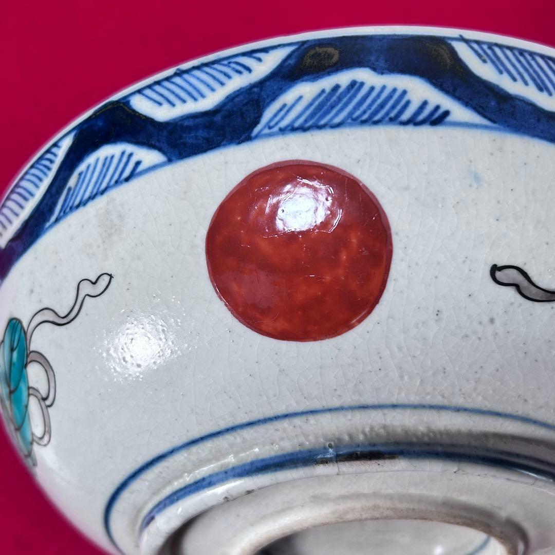 古伊万里 染錦 鶴亀 吉祥紋 色絵鉢 二重高台 明治時代物 アンティーク