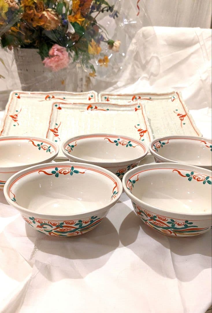 赤絵大皿5名様10品セット　角皿　盛皿　碗　正月　パスタ皿