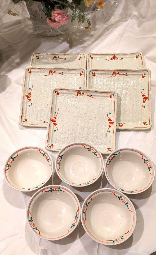 赤絵大皿5名様10品セット　角皿　盛皿　碗　正月　パスタ皿
