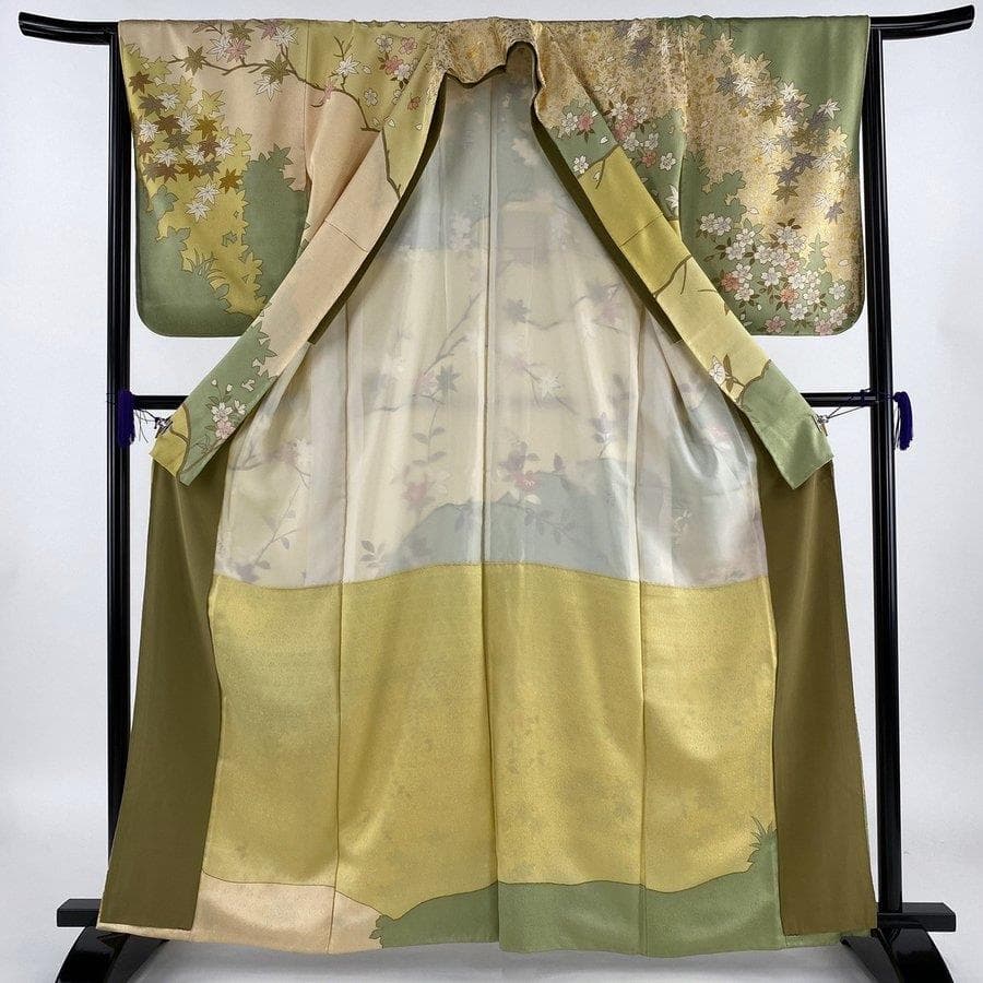 藤井寛 若草色豪華総柄桜紅葉藤 訪問着 比翼付き