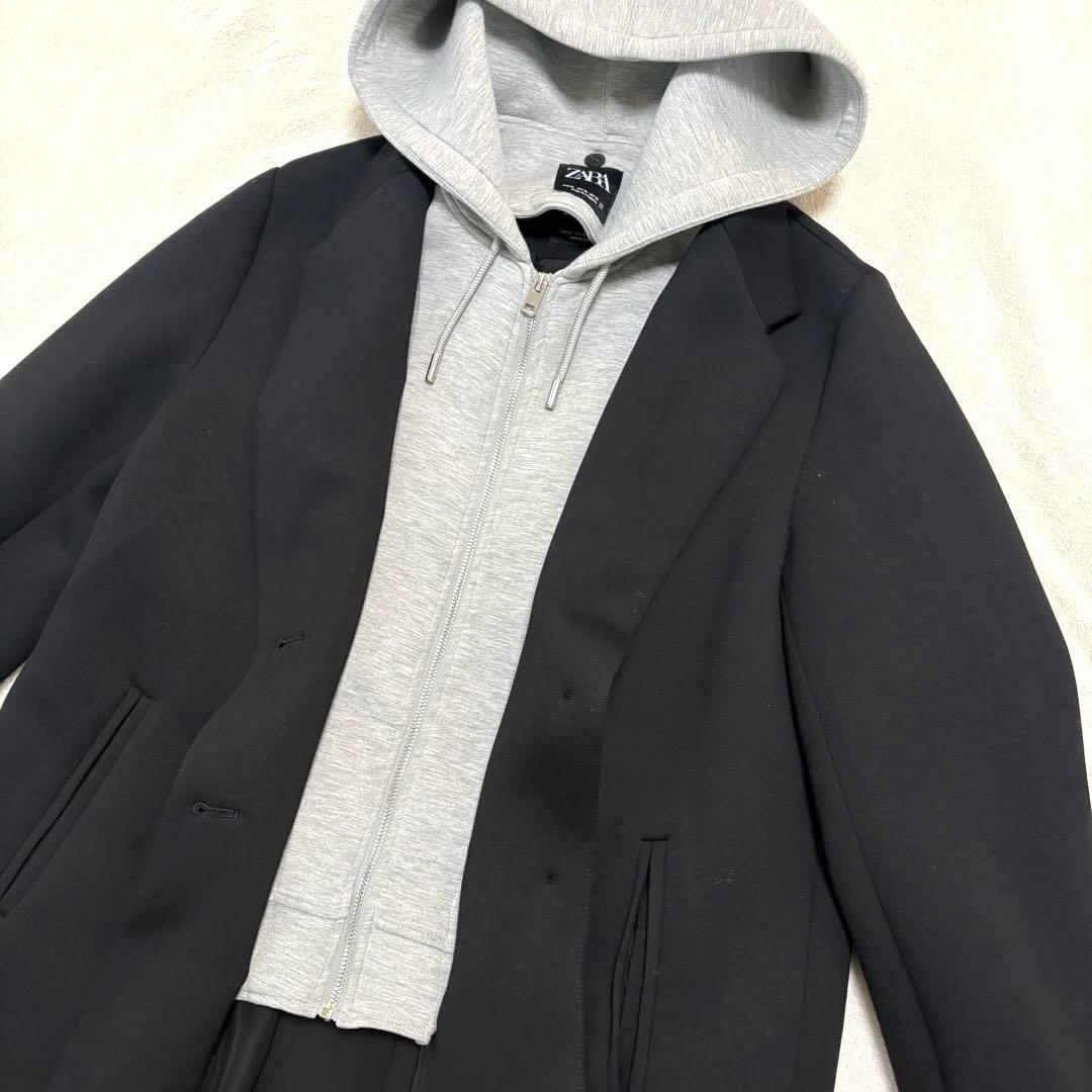 【美品】ZARA デタッチャブルフードコート ロング チェスター 黒ブラックXL