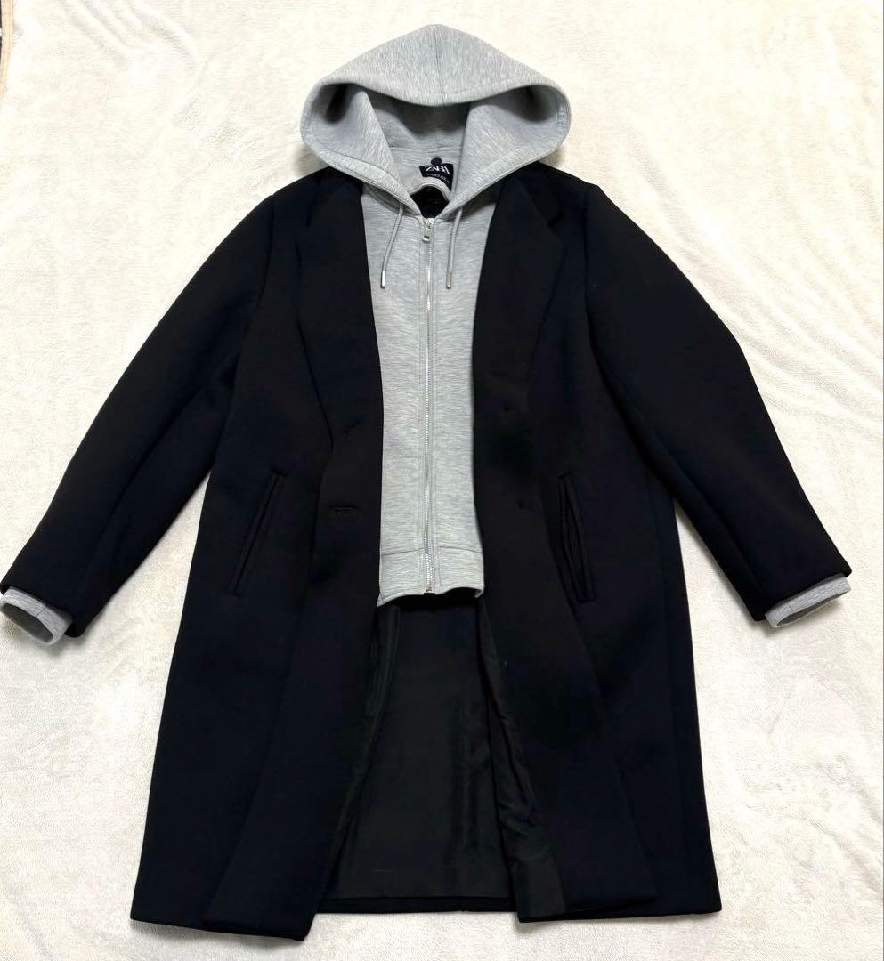 【美品】ZARA デタッチャブルフードコート ロング チェスター 黒ブラックXL