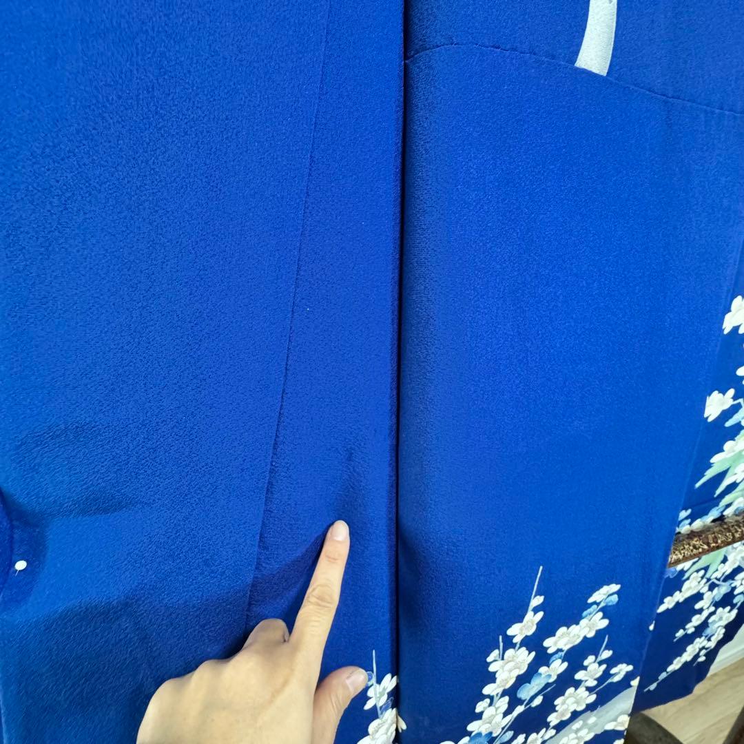 美品　振袖　現代　振袖　成人式　着物　163裄66 青　黄緑　水色　梅柄　孔雀柄