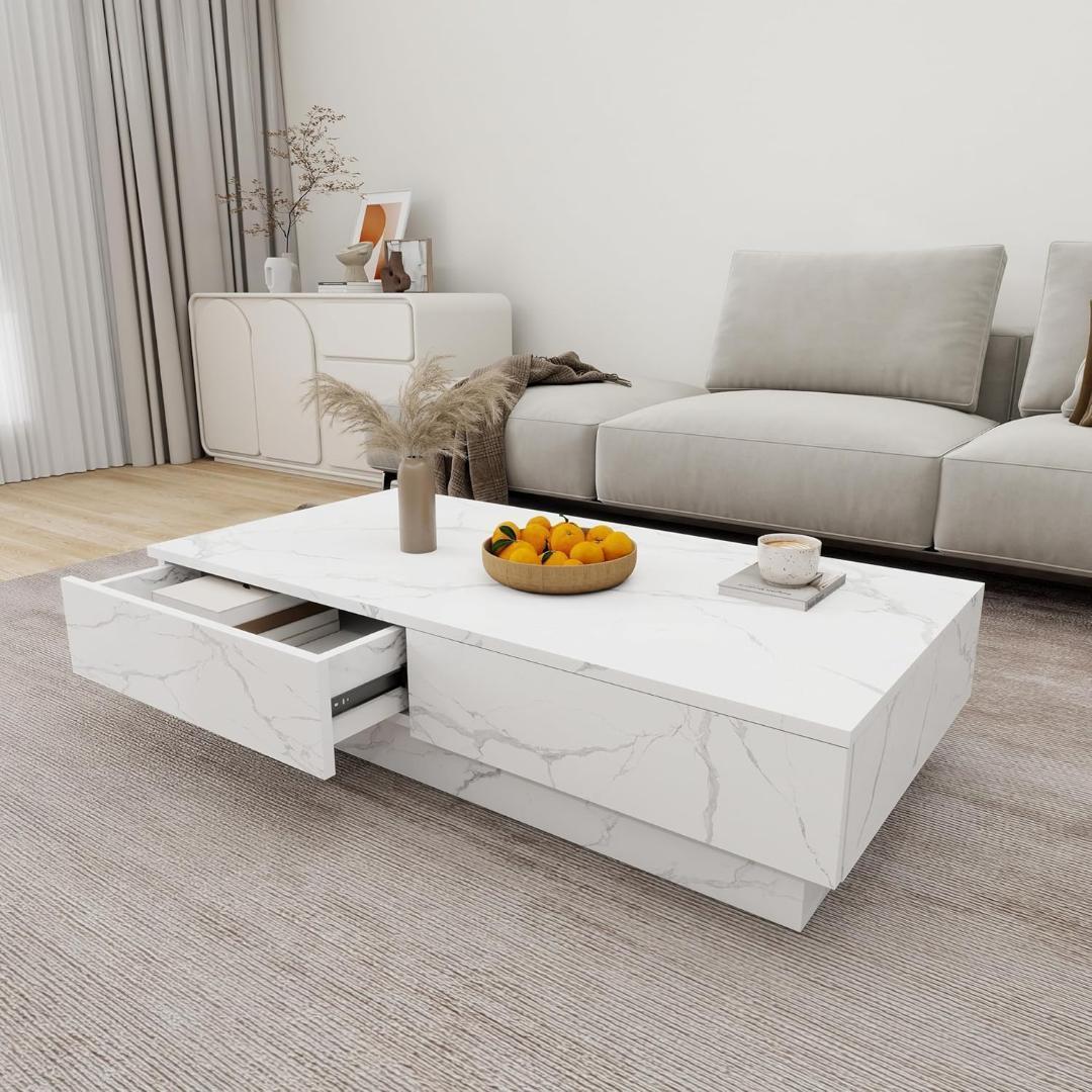 ローテーブル 大理石柄　センターテーブル 引き出し収納　120×55 ホワイト