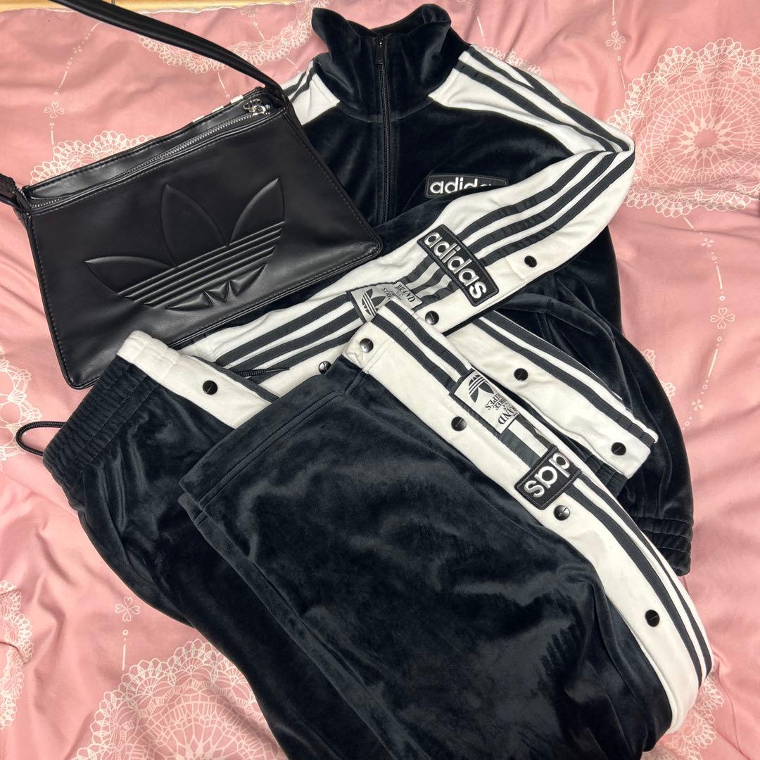 adidas ベルベットジャージ XS～Sブラックホワイト 手提げバッグ セット