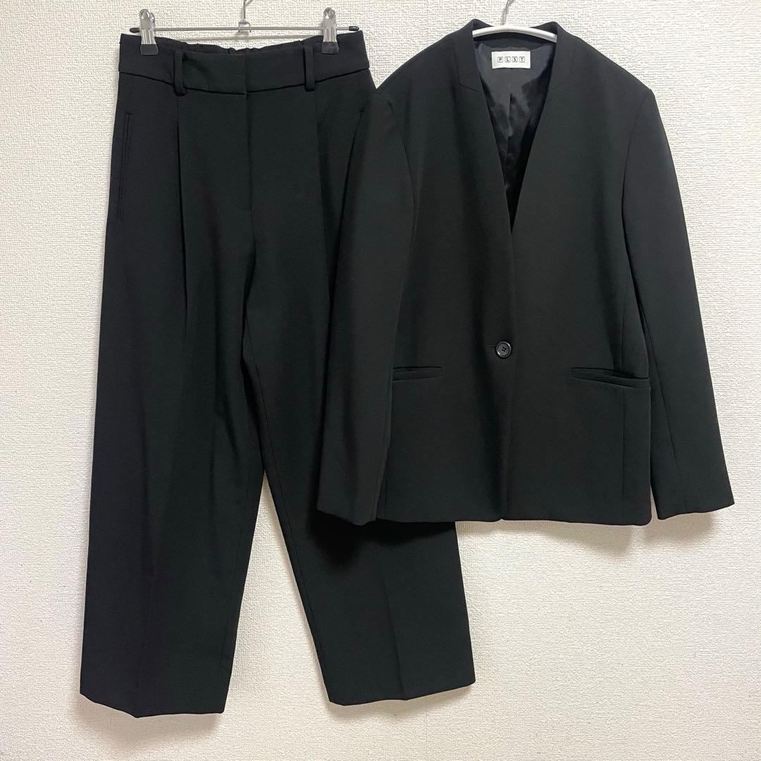 PLST パンツスーツ ウォームリザーブ ノーカラージャケット ワイドパンツ