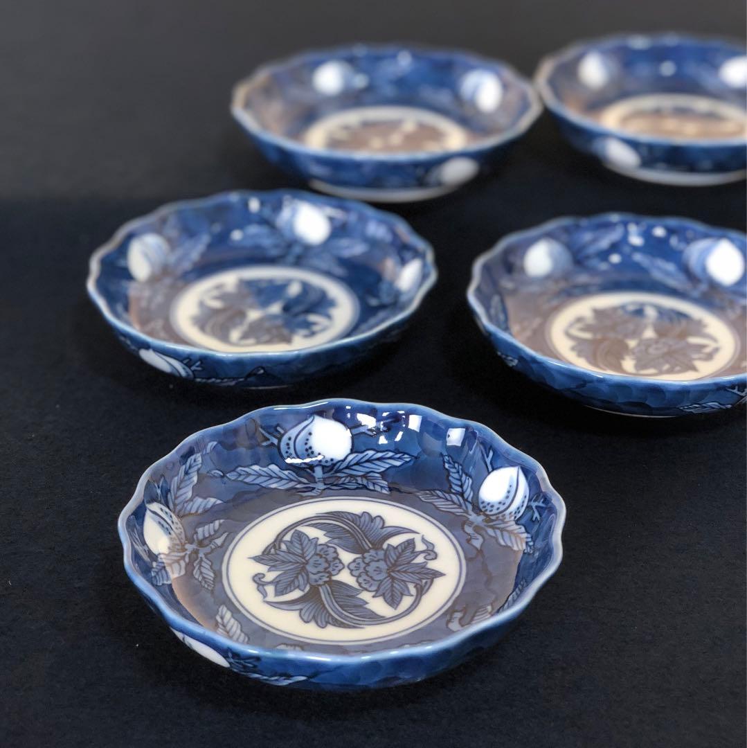 《レ》有田焼 源右衛門作 染濃桃絵 輪花 小皿5客 共箱　251201お2