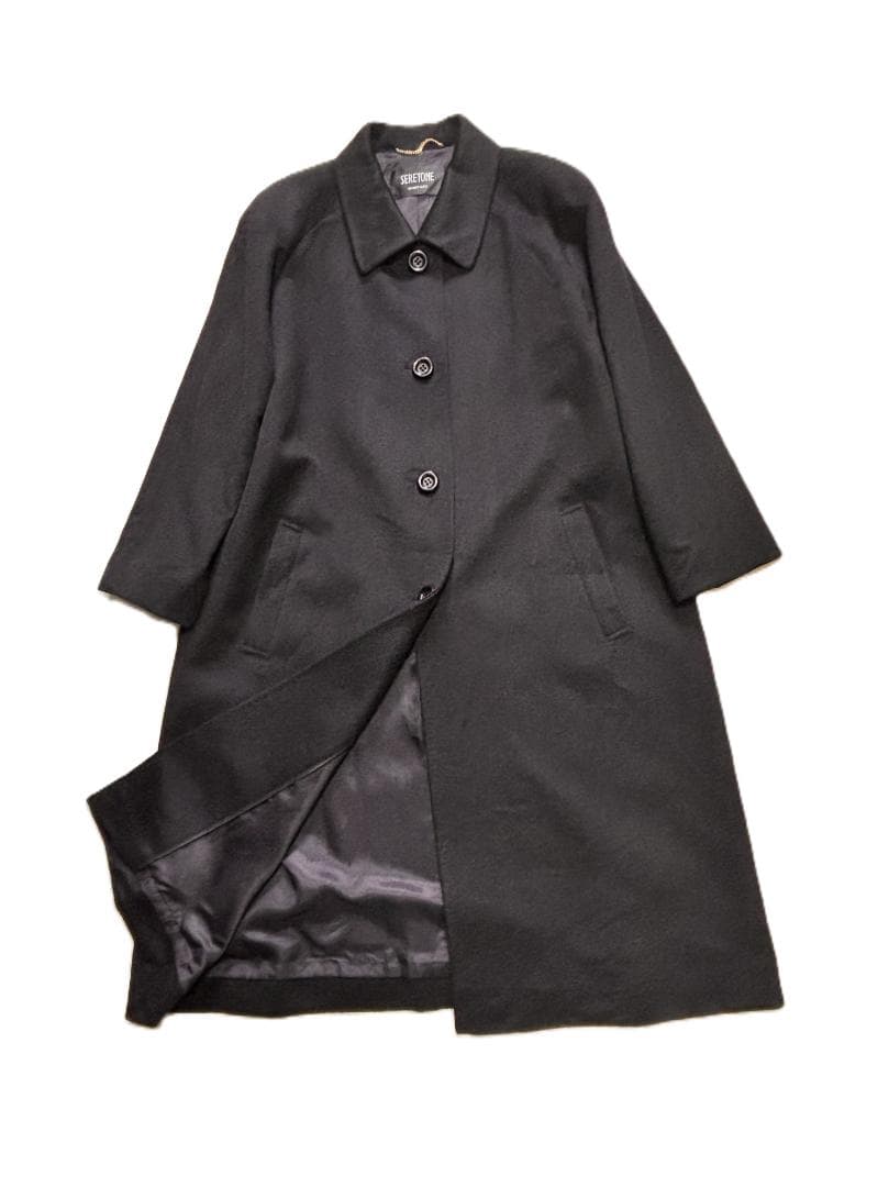 C456★カシミヤコート女性用 M-L 大きいサイズ13号XL可 黒Aライン通勤