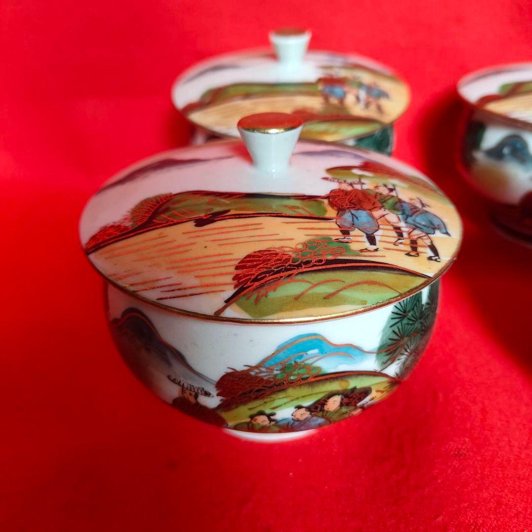 九谷焼 旭山 手描き 渦巻き赤絵 茶器揃 大正〜昭和初期 アンティーク 骨董品