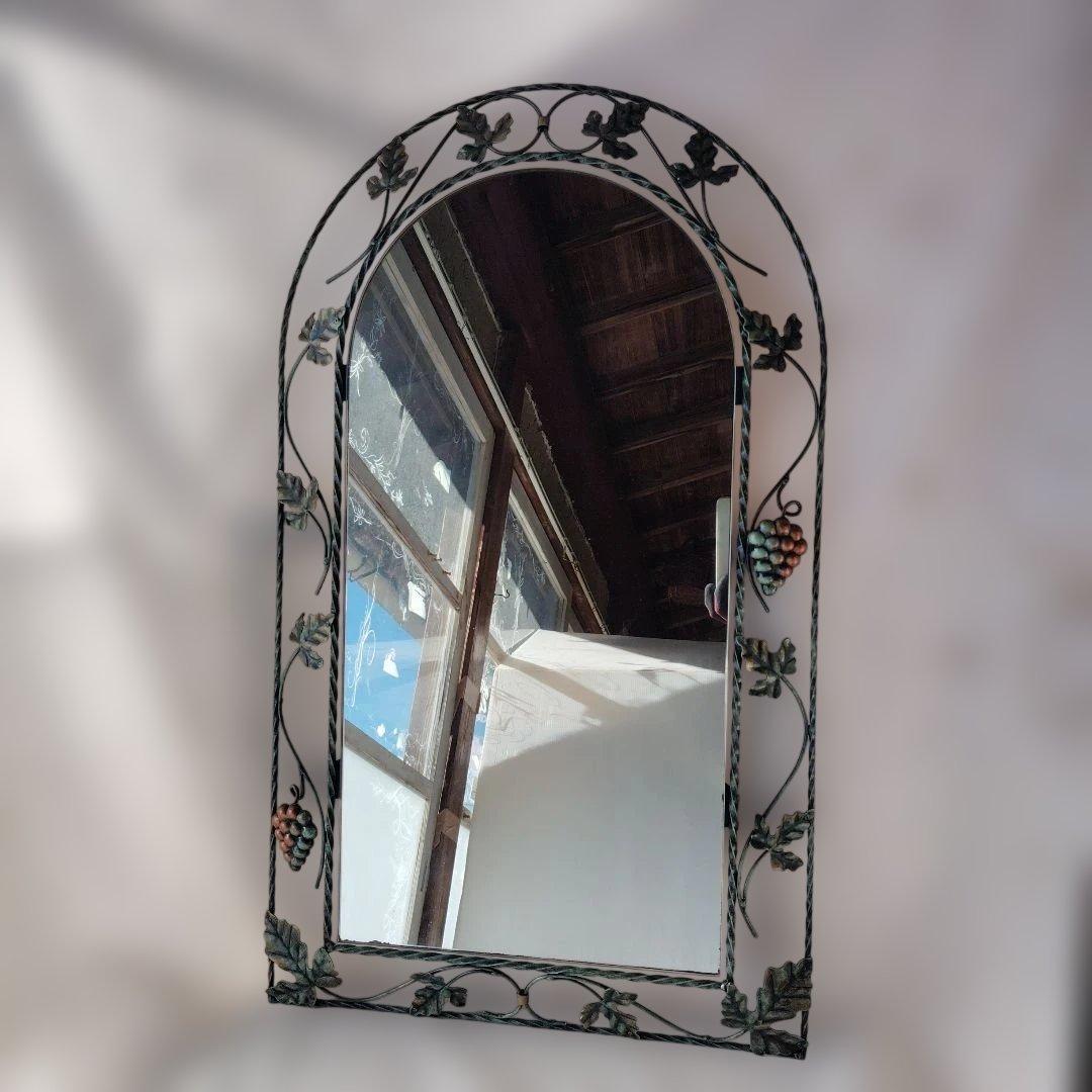 壁掛けミラー　アイアンフレーム　葉っぱリーフ&葡萄　ヴィンテージ　昭和レトロ