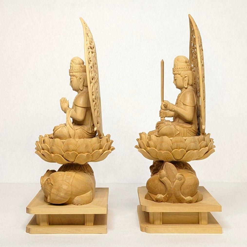 【セール・新品】 普賢菩薩　文殊菩薩　柘植　総高さ約21.5㎝　仏像