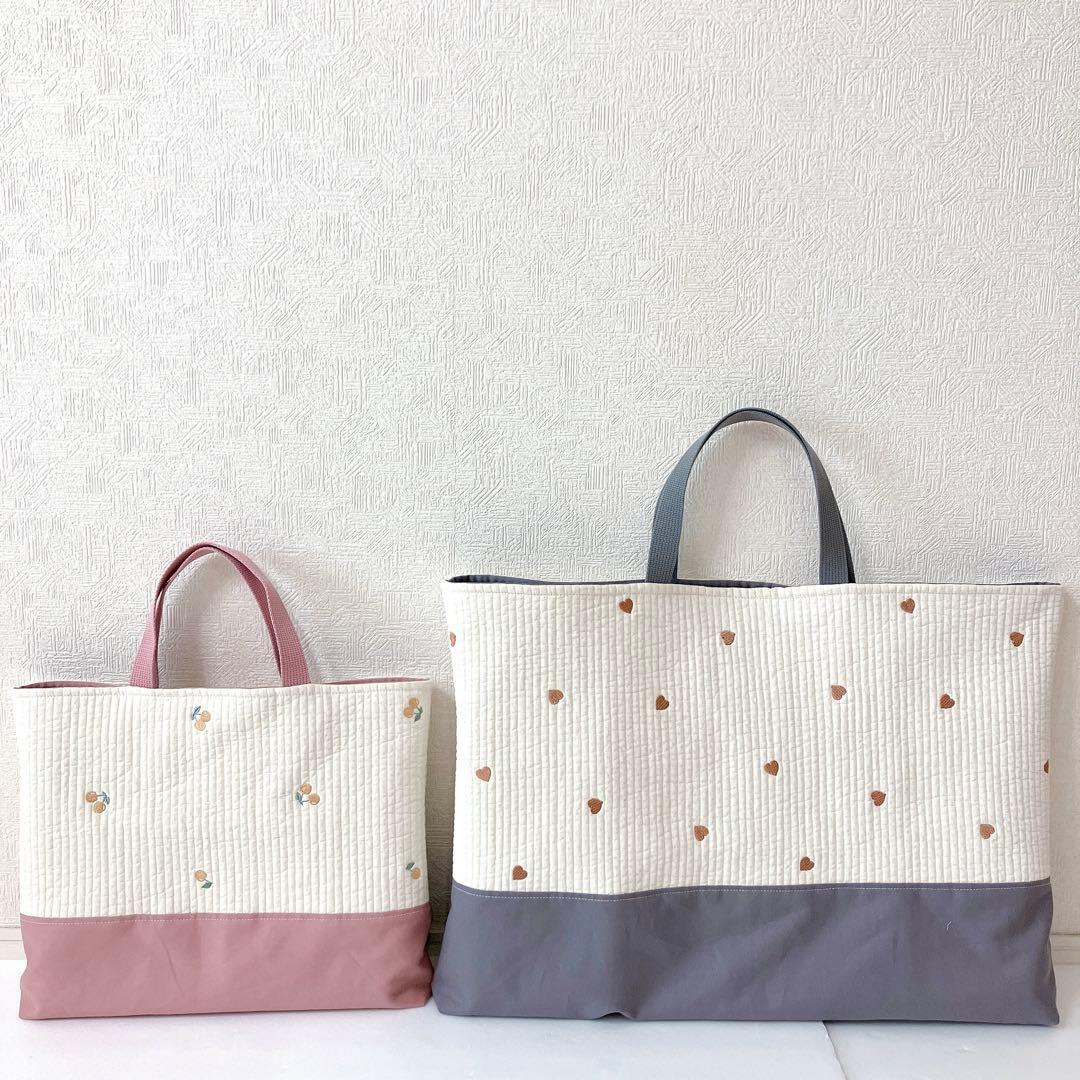 レッスンバッグ お布団バッグ　ヌビ　さくらんぼ刺繍　ハート刺繍