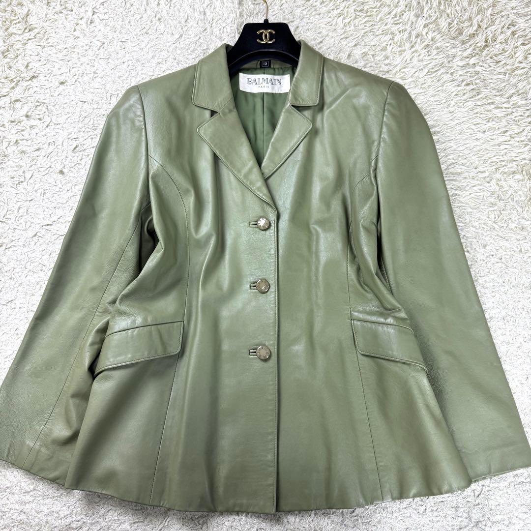 希少カラー★バルマン ラムレザー ジャケット グリーン ロゴボタン XL