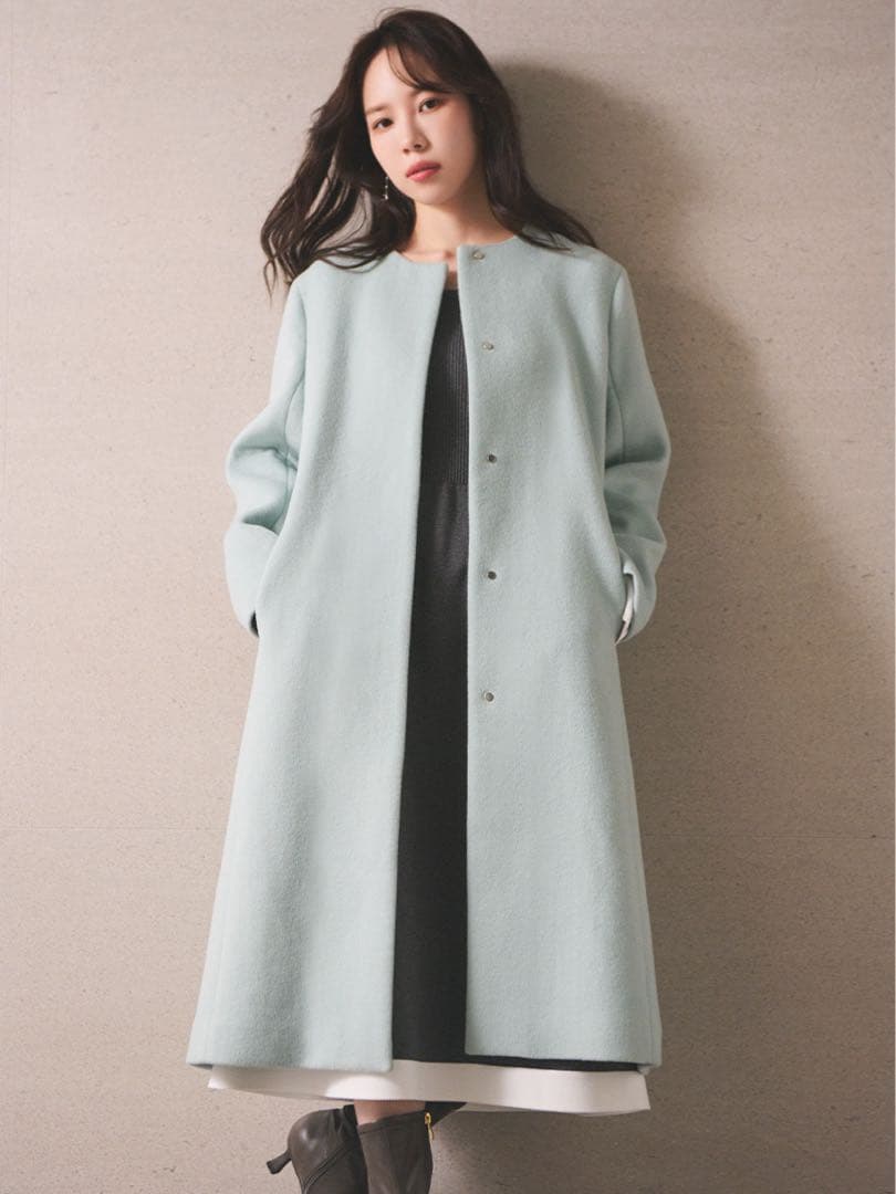 カシミヤ混合ノーカラーコート