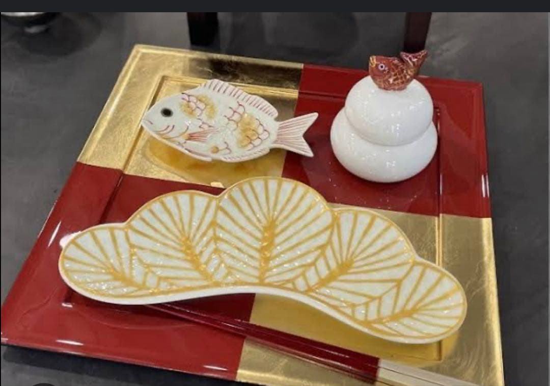 ゆりうすご依頼品　有田焼　幸楽窯　錦金松葉形前菜皿　白金　9点セット