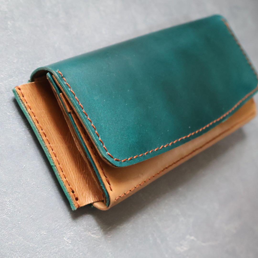 青と茶色の姫路レザー　コンパクト長財布
