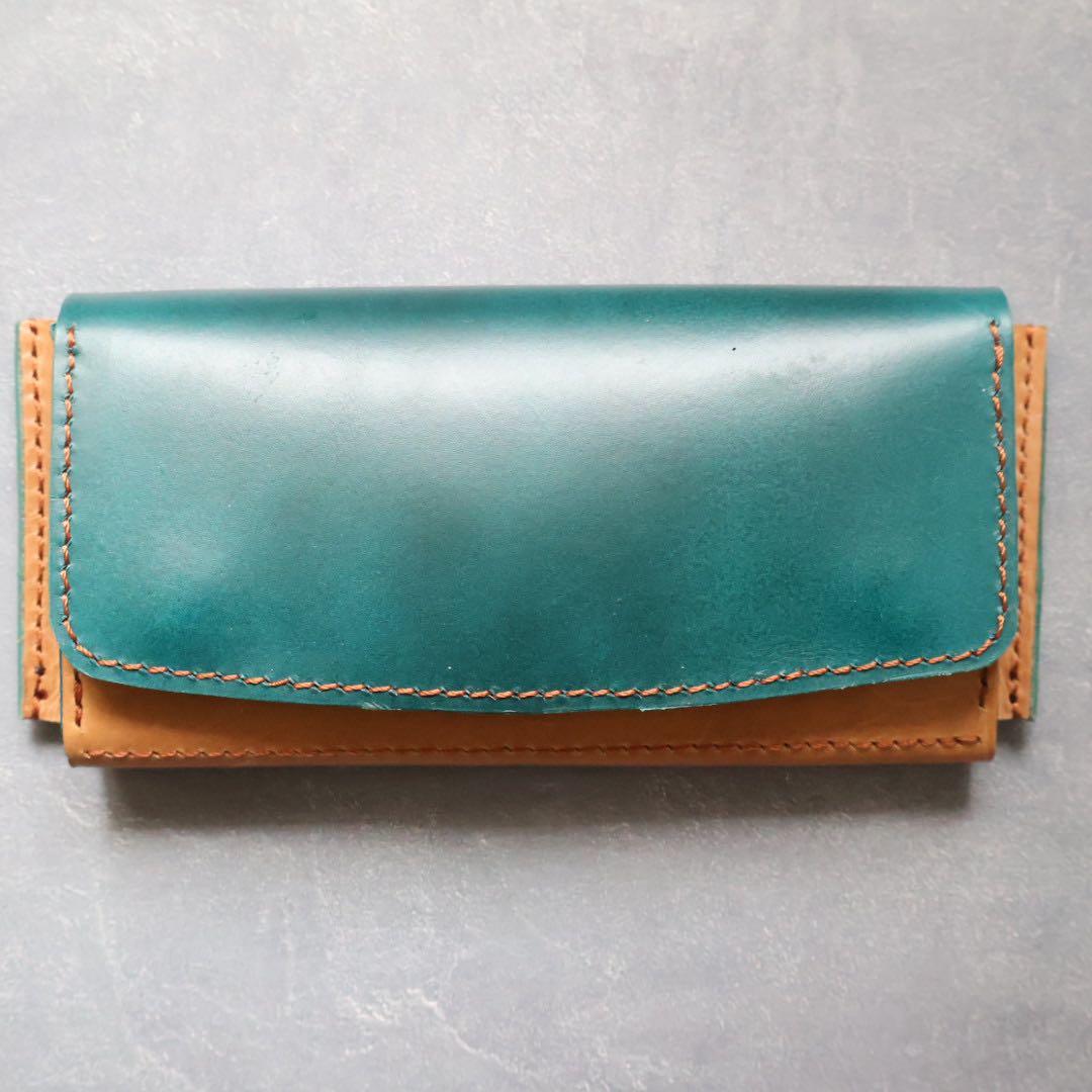 青と茶色の姫路レザー　コンパクト長財布