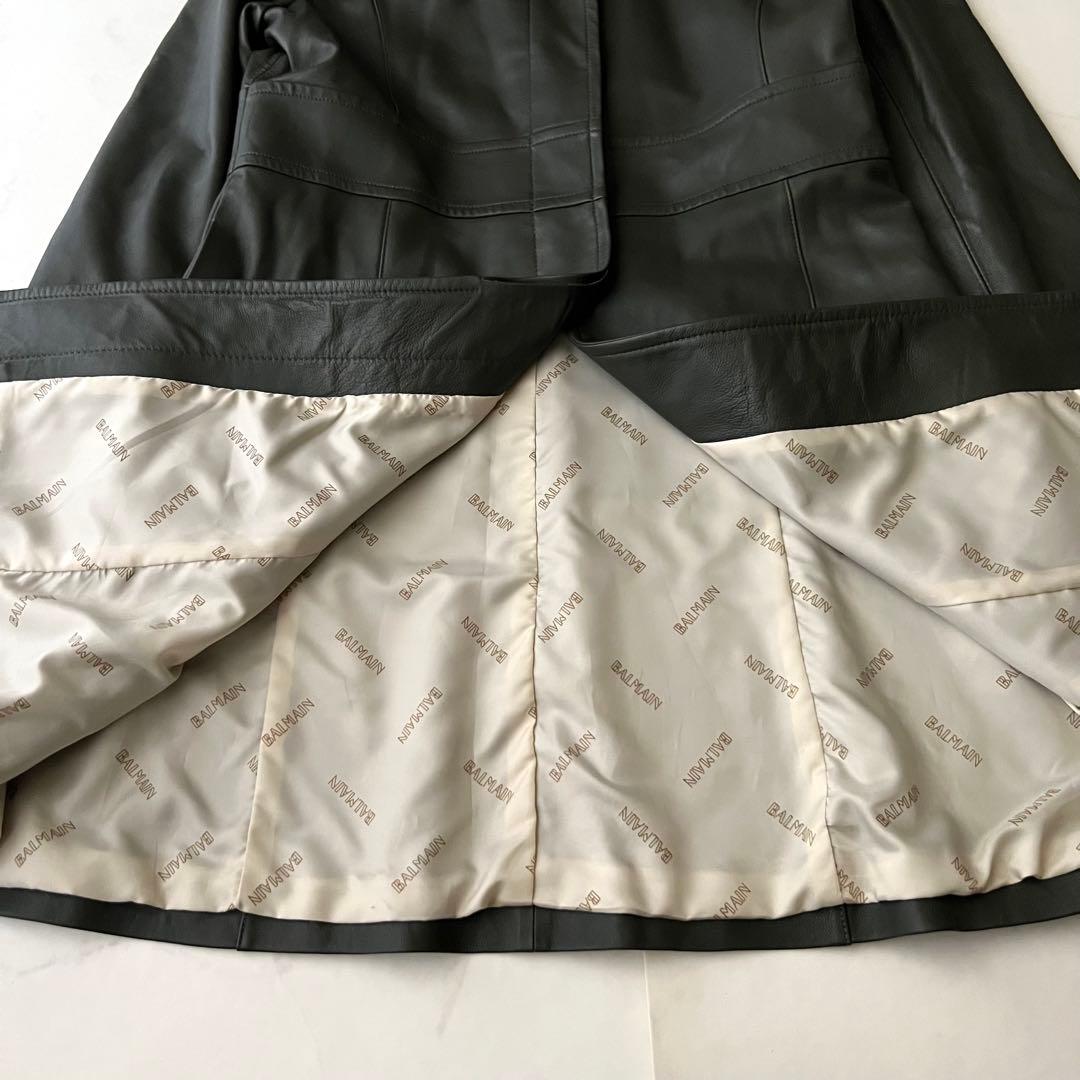 BALMAIN バルマン レザーロングコート モスグリーン 11号 ラムレザー