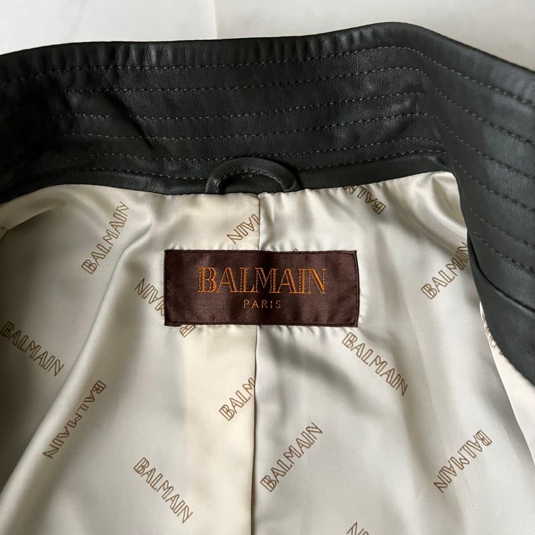 BALMAIN バルマン レザーロングコート モスグリーン 11号 ラムレザー