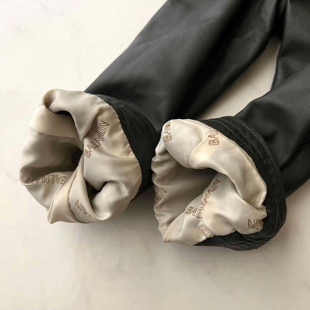 BALMAIN バルマン レザーロングコート モスグリーン 11号 ラムレザー