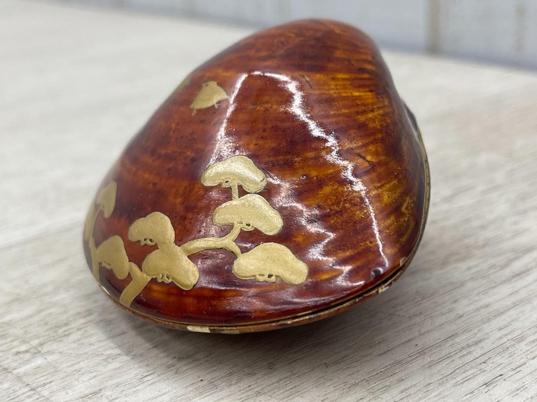 未使用 蛤 香合 蒔絵付 茶道具 内金 共箱 波 松 鳥 抹香 練香