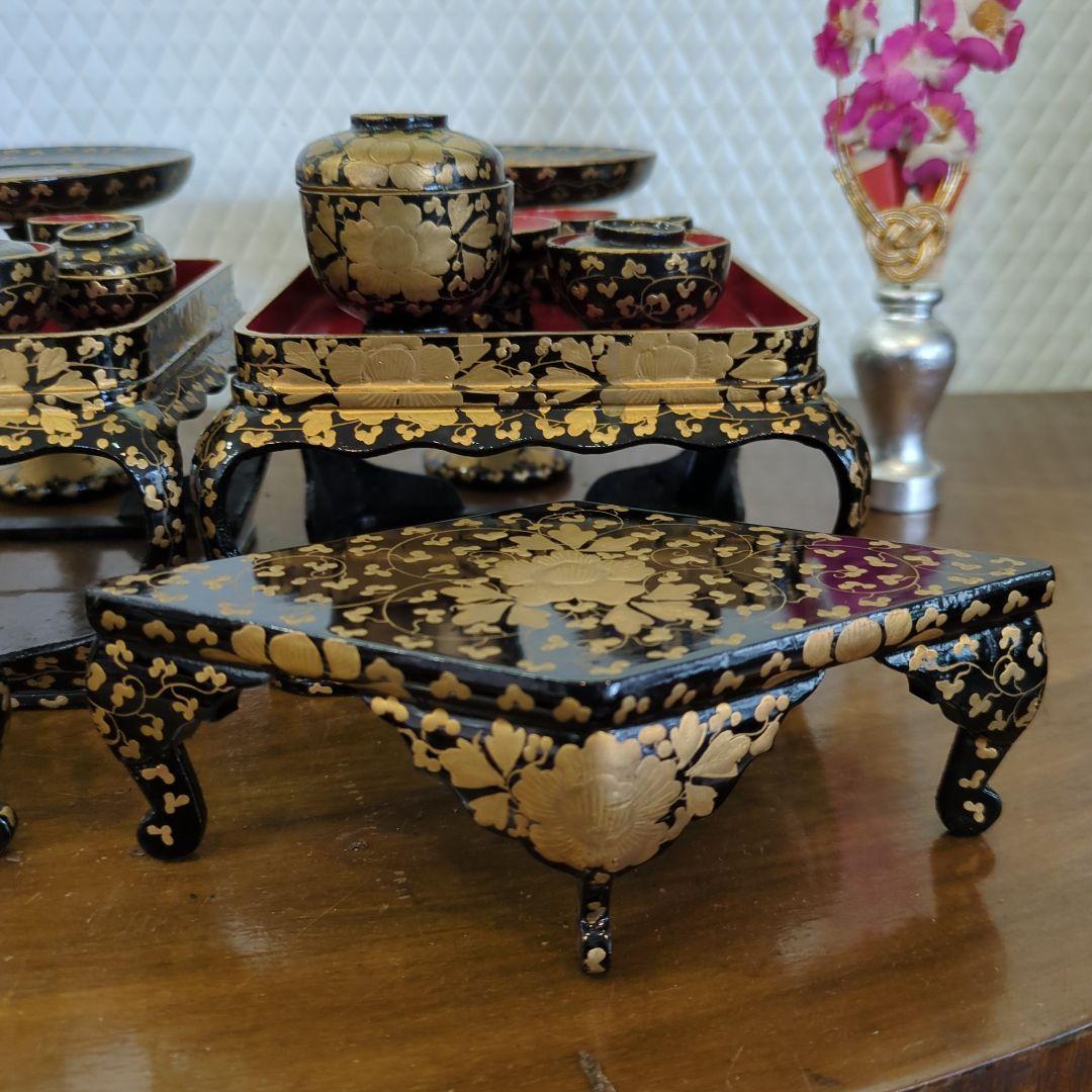 骨董　雛道具　お雛様　ひな祭り　木製　漆器　一式　金彩　木箱