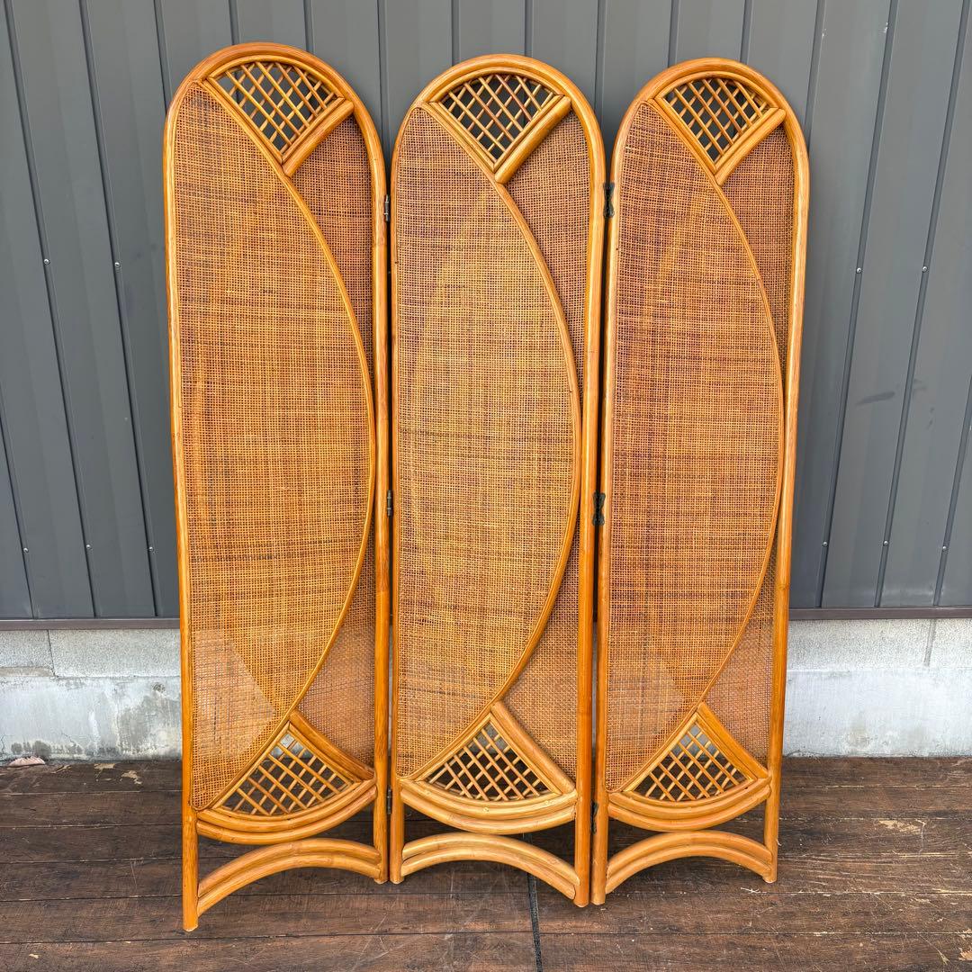 昭和レトロ エスニック 古家具 3連ラタンパーテーション 間仕切りパーティション