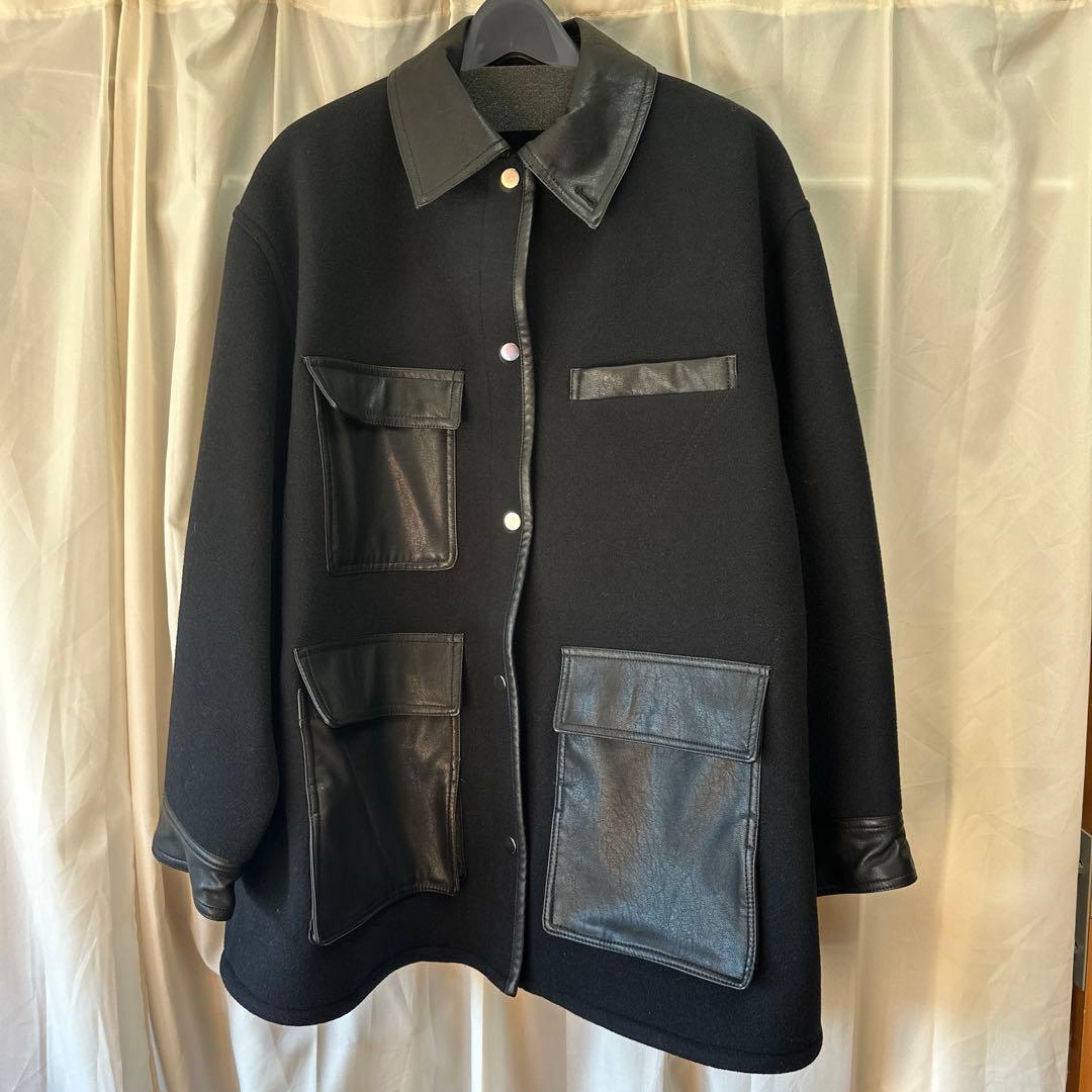 オーバーサイズジャケット 黒 ウール レザー
