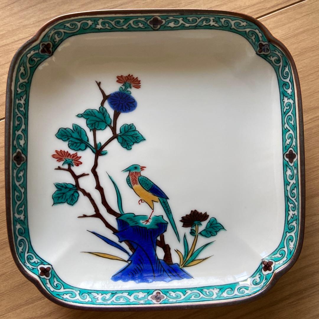 九谷焼 青郊窯 小皿5枚セット 鳥と植物の絵柄／角皿16cm