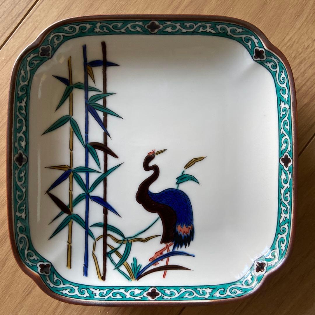 九谷焼 青郊窯 小皿5枚セット 鳥と植物の絵柄／角皿16cm