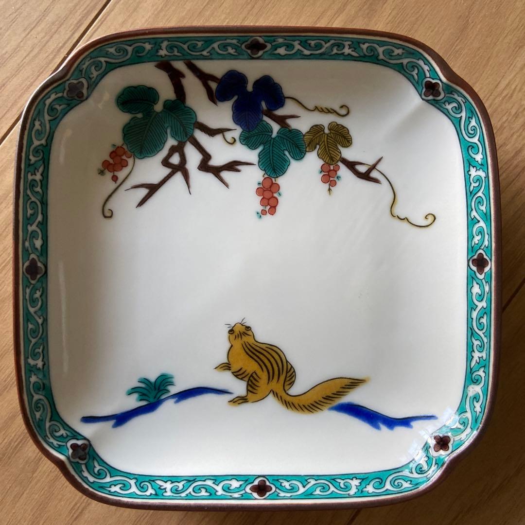 九谷焼 青郊窯 小皿5枚セット 鳥と植物の絵柄／角皿16cm