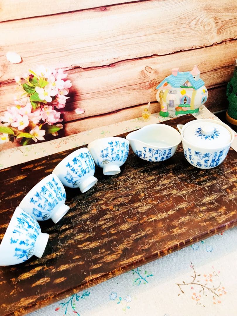 京焼染付寶瓶/ 湯冷/茶碗6点揃い　田能村直入 / 画 | 明治-19世紀頃