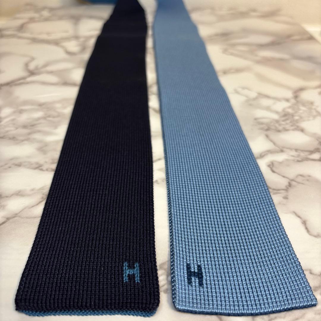 【箱&カード付極美品✨】HERMES ニットタイ　4way ブルー　ネイビー　青