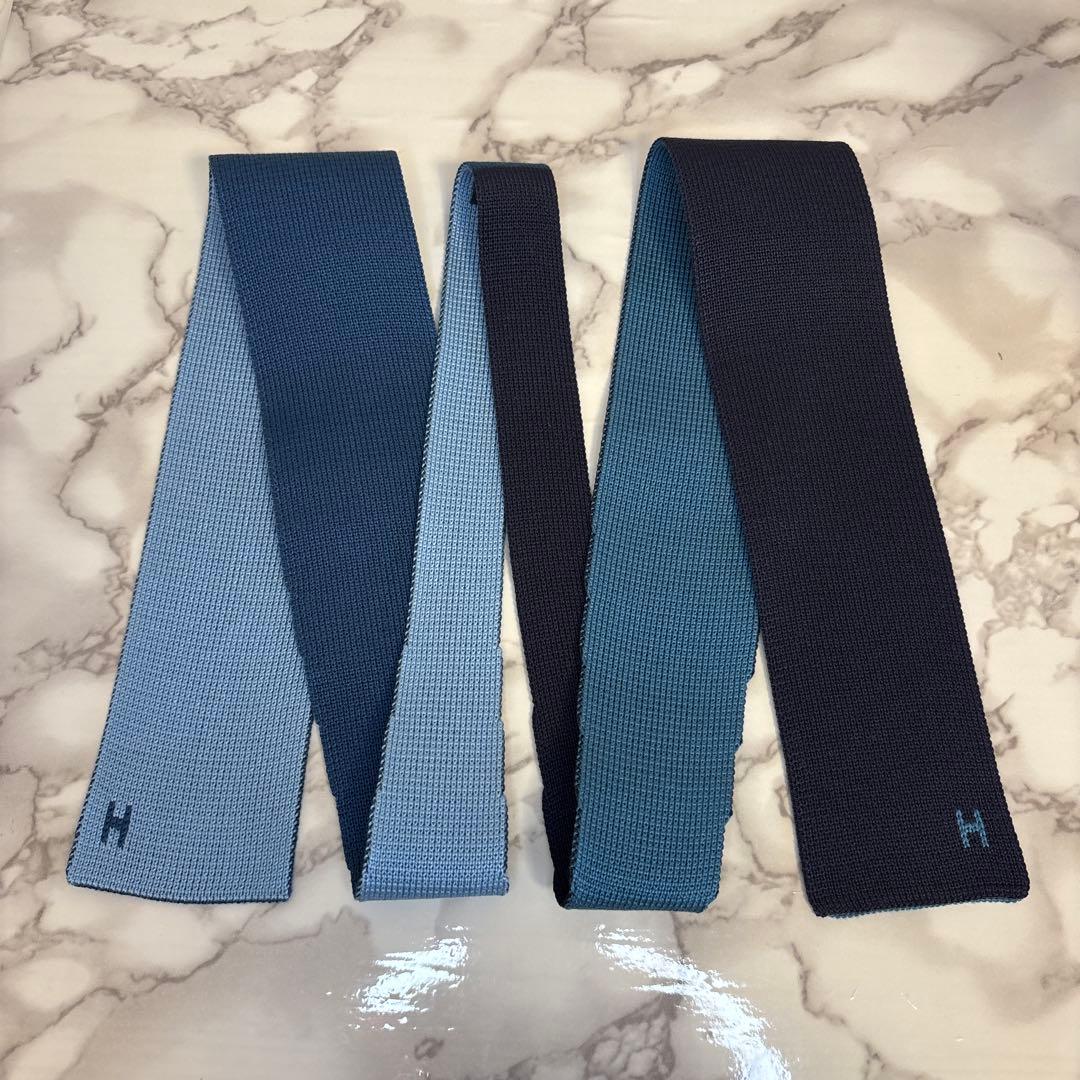 【箱&カード付極美品✨】HERMES ニットタイ　4way ブルー　ネイビー　青