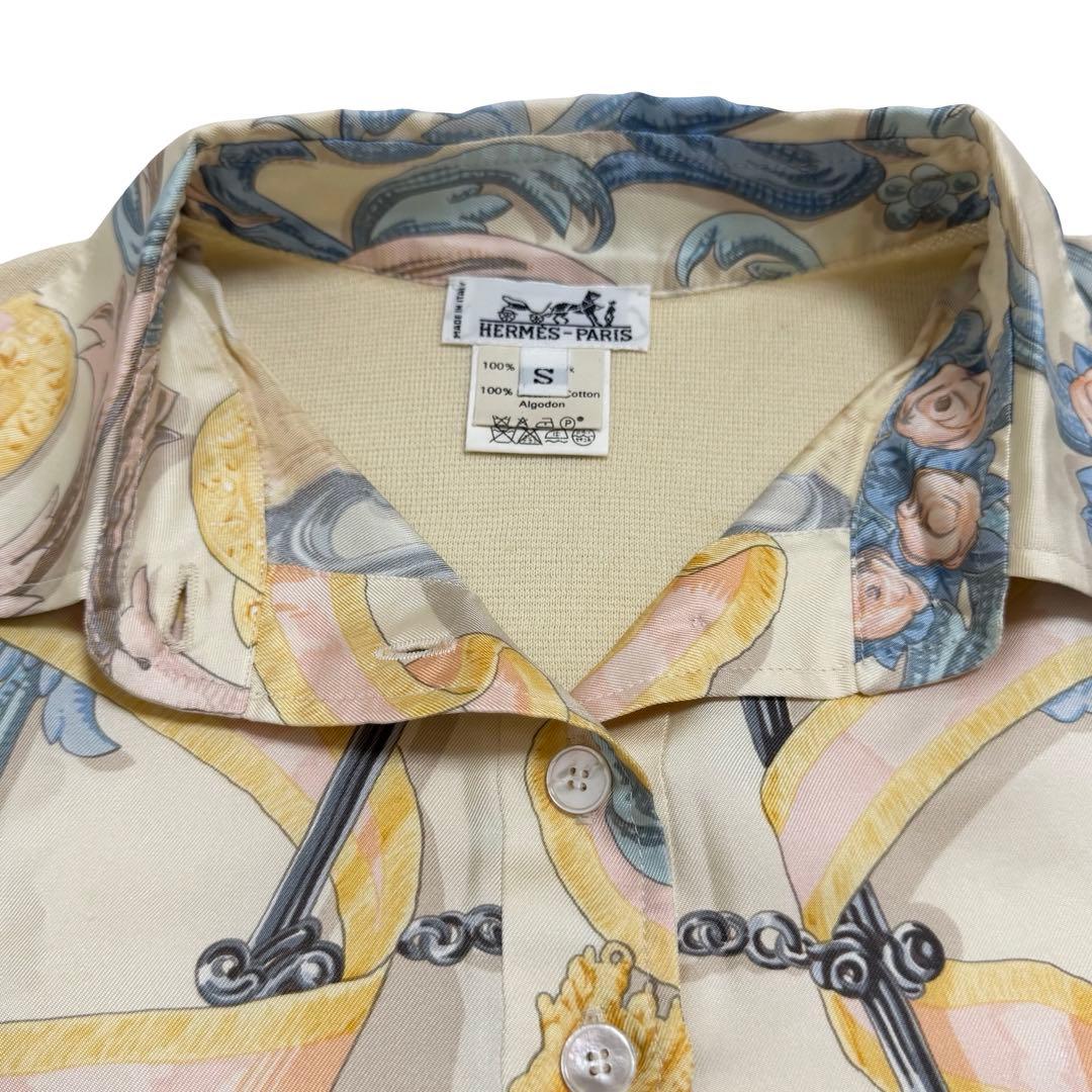 HERMES エルメス シルク×コットン 総柄 半袖ポロシャツ S レディース