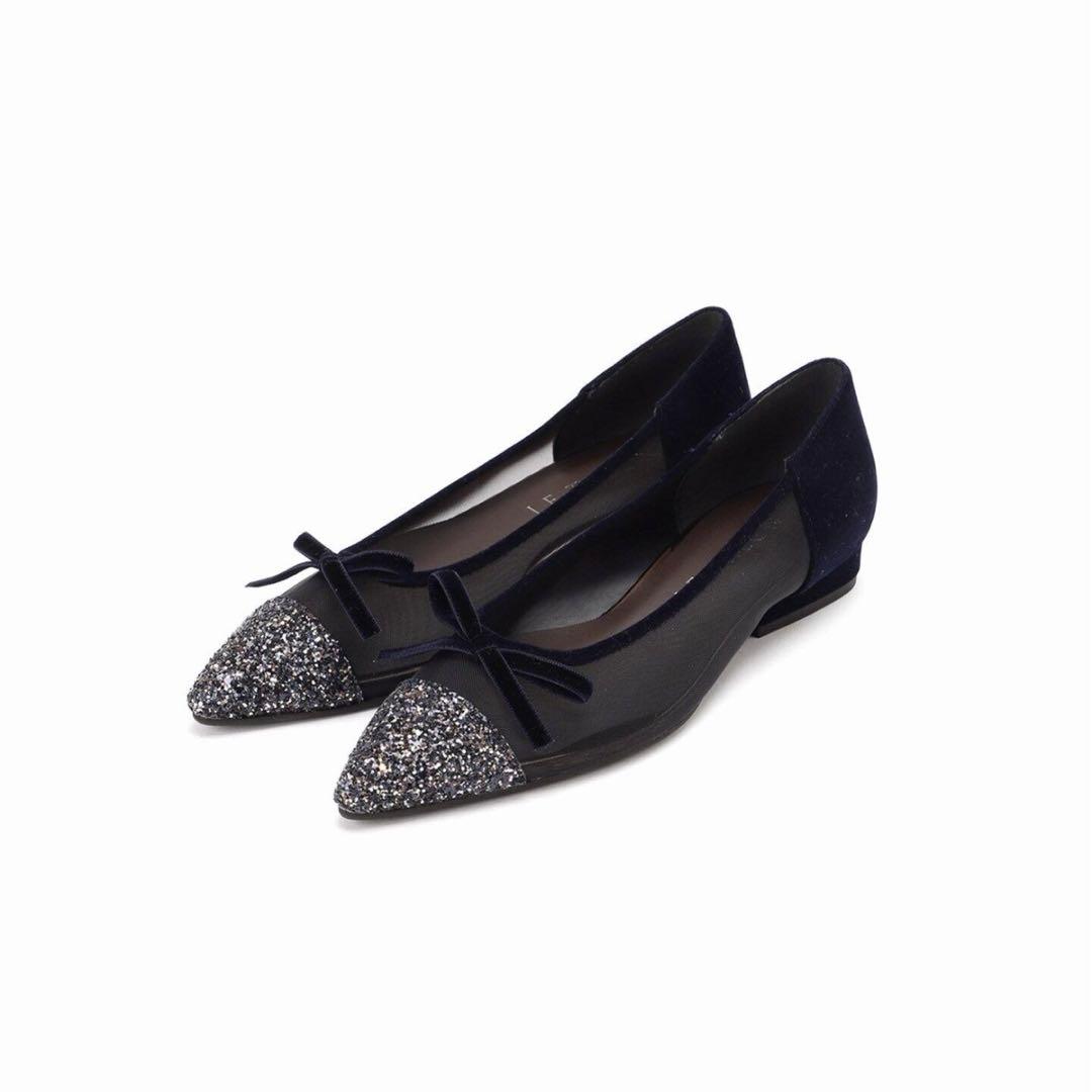 【美品】LE TALON ポインテッドトゥキャップチュールバレエ　ネイビー