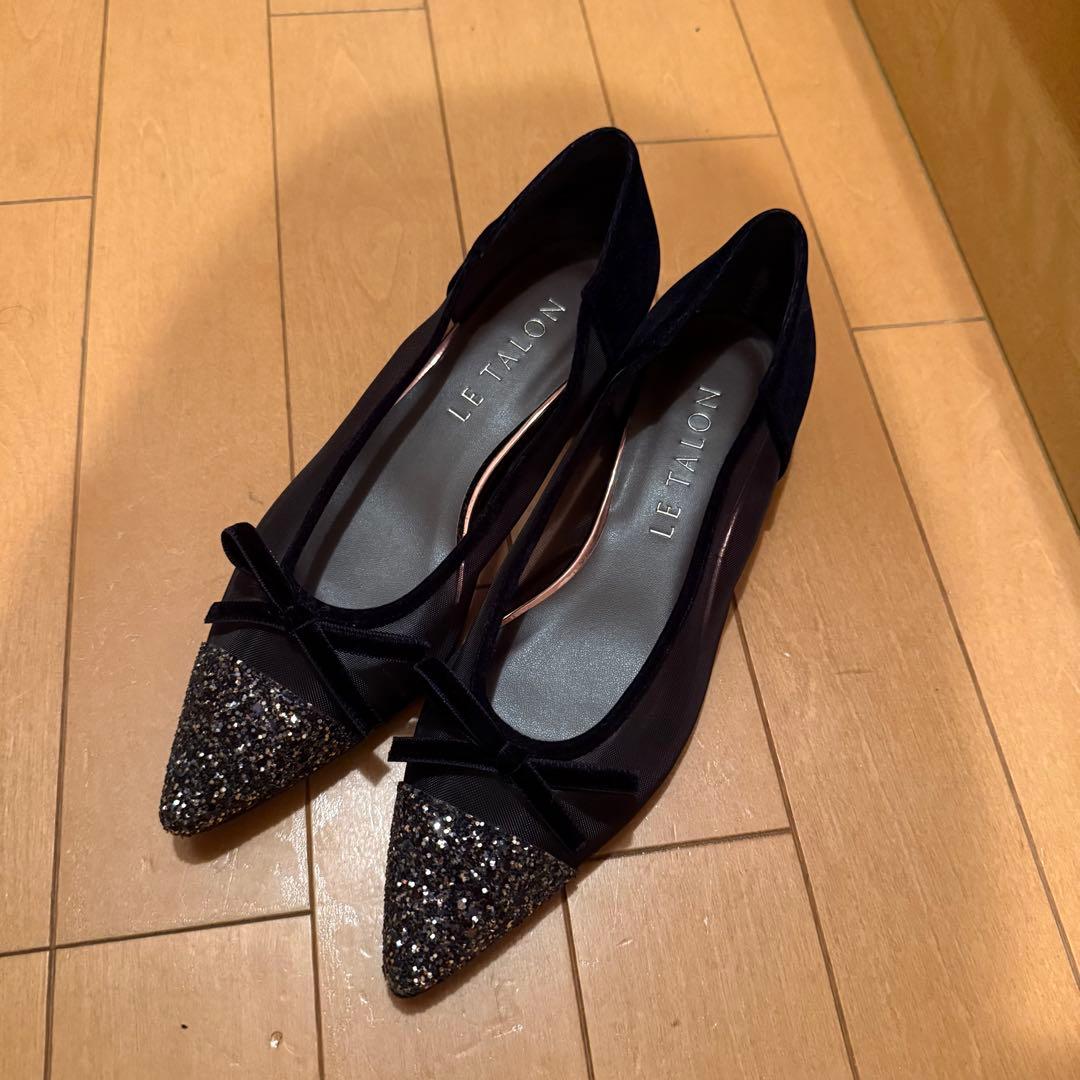 【美品】LE TALON ポインテッドトゥキャップチュールバレエ　ネイビー