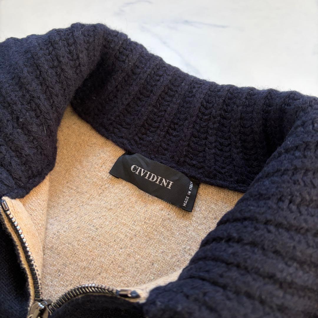CIVIDINI イタリア製 ニット異素材コート ダブルジップ 紺 Lサイズ
