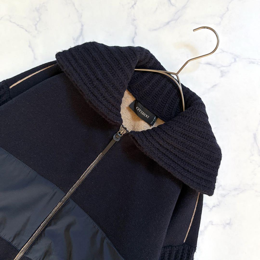 CIVIDINI イタリア製 ニット異素材コート ダブルジップ 紺 Lサイズ