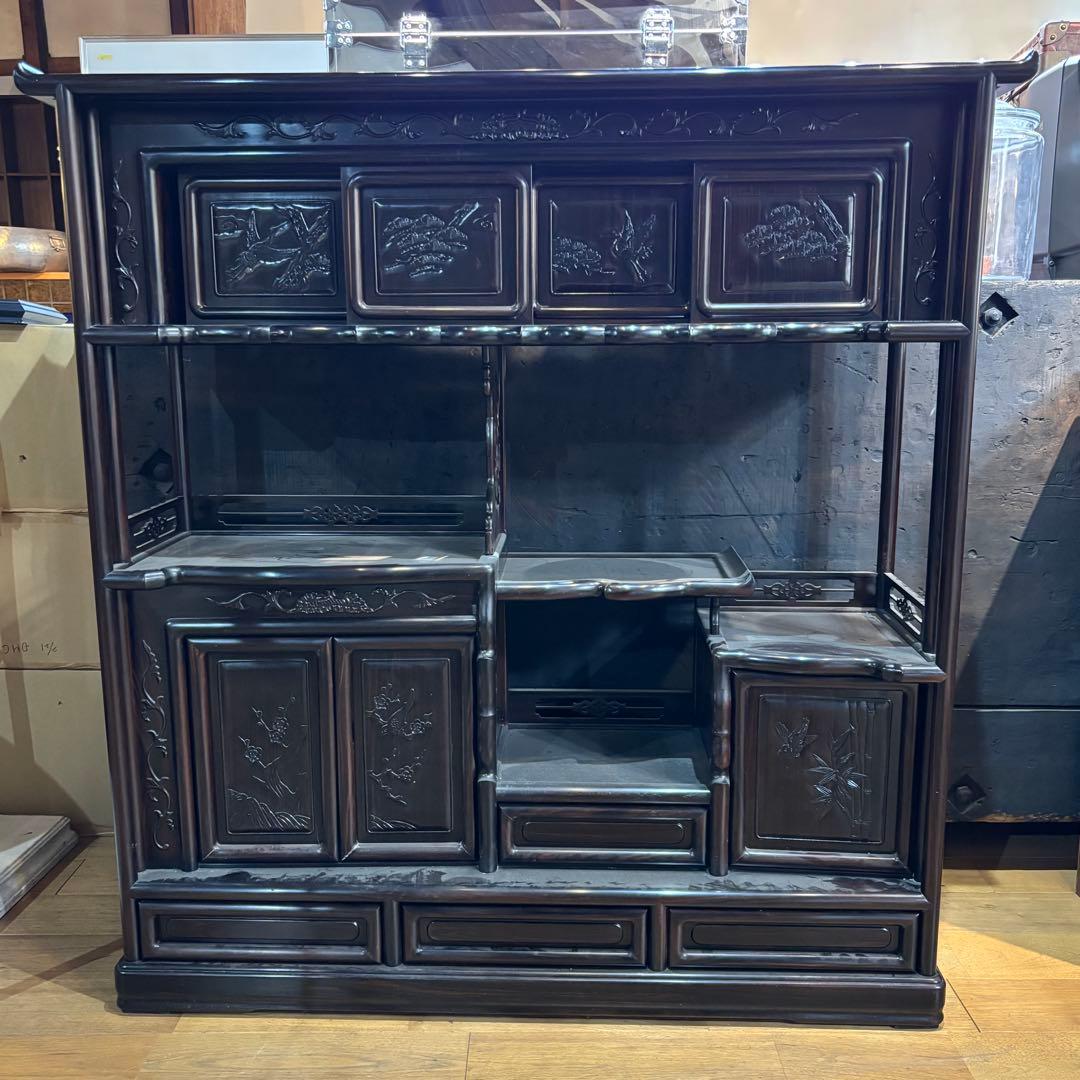 引取限定 黒檀 ? 唐木家具 ? 飾り棚 違い棚 和家具 古民具 透かし彫り